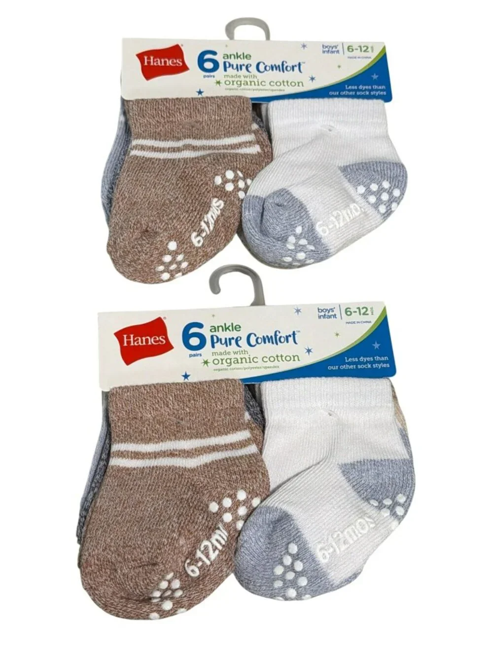 12 Pairs Hanes Infant Boys Ankle Socks 6-12 Months Organic Cotton Non-Slip Sole